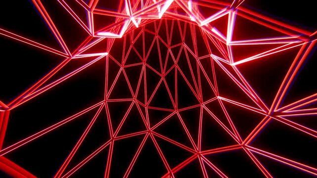 Red low poly tunnel with neon glowing lines moving toward the camera in a 3D space.