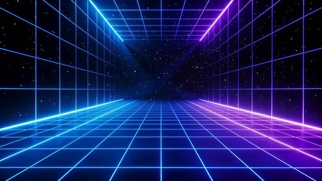 Blue-purple grid tunnel in black void