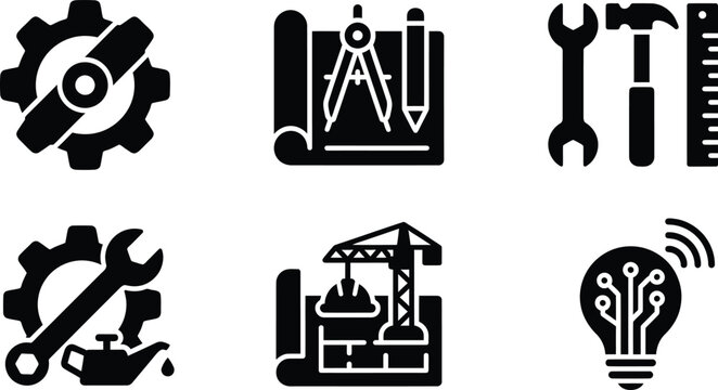 Engineering and construction icon set with tools, blueprint and industrial innovation symbols for technical and manufacturing design projects