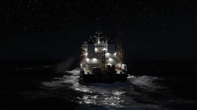 Nighttime Maritime Navigation with Brightly Lit Ship Moving Through Dark Waters.