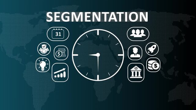 Market Segmentation and audience classification concept video displaying digital icons for target demographic analysis, customer group filtering, and precise marketing strategy.