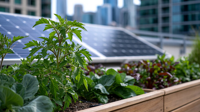 Rooftop community garden on urban apartment building featuring raised vegetable beds alongside newly installed solar panels, city skyline visible beyond parapet wall, ideal for urban sustainability,