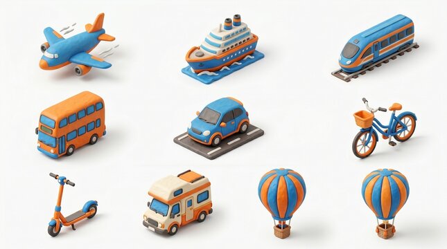 transportation icons set3D clay render isometric icon set of 10 travel transport vehicles: airplane, cruise ship, high speed train, double decker bus, car, bicycle with basket, electric scooter, campe