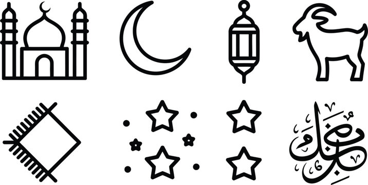 Minimalist ramadan and eid outline icons including masjid crescent moon prayer rug stars and animal.