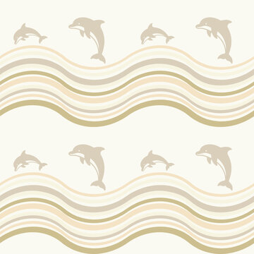Seamless Dolphin Pattern with Retro Waves in Beige