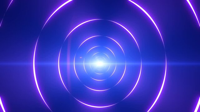Abstract purple circular neon rings receding into a bright center, forming a sleek futuristic tunnel background.