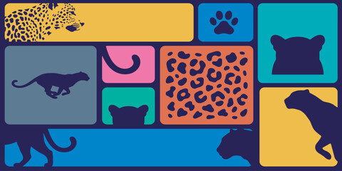 Abstract illustration of jaguars and cheetahs with colorful geometric shapes and patterns, representing wildlife and animal themes. © Riki