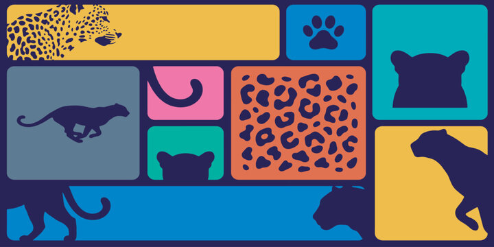 Abstract illustration of jaguars and cheetahs with colorful geometric shapes and patterns, representing wildlife and animal themes.