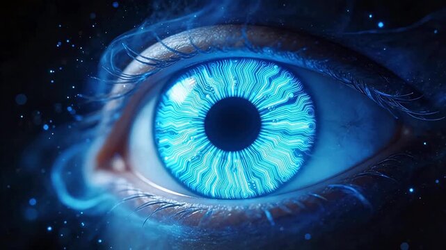 Close-up of eye with blue circuit iris