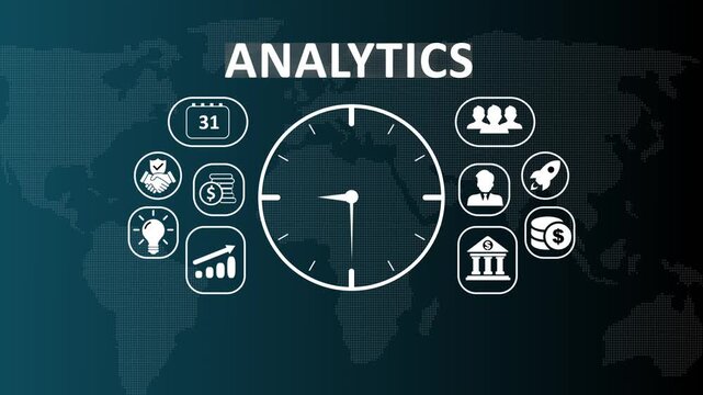 Business Analytics and big data visualization technology concept animation featuring digital icons for KPI metrics, performance reporting, and corporate decision making dashboard.