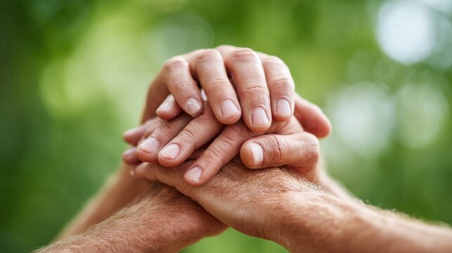 Close-up of diverse hands stacked together showing unity and support against a blurred green background