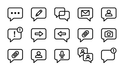 Fototapeta premium Set of communication and messaging icons, including speech bubbles, writing, email, people, microphone, and camera symbols for digital interaction