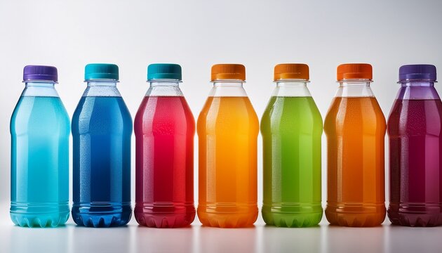 colorful sports drink bottles arranged on a white background showcasing vibrant hues and unique designs
