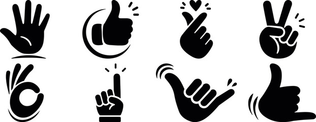 Hand gesture silhouette icon set, black sign language symbols, fingers and palm gesture vector collection isolated © craft_art