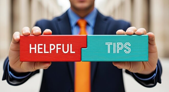 Businessman holding puzzle pieces with helpful tips written on them in a professional setting outdoors