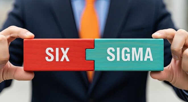 Businessman holding puzzle pieces with Six Sigma methodology concept in office setting for quality management and efficiency