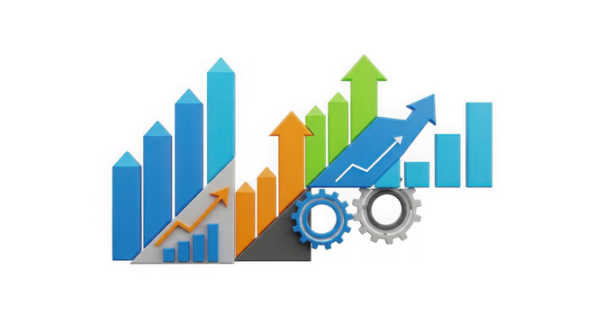 Growing blue, orange, and green bar graphs with interlocking gears isolated on a transparent background