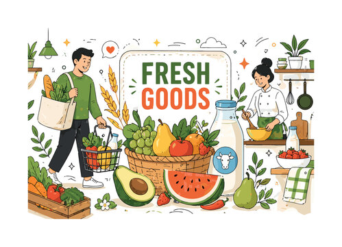 Fresh Food Rations. Clean editorial banner scene with one shopper and one cook beside an oversized fruit basket and an oversized milk bottle, with avocado, watermelon slice, pear, wheat, chili,