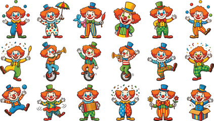 Fototapeta premium Funny Circus Clown Cartoon Character Collection with Colorful Costumes Juggling Dancing and Musical Performance Vector Illustration Set