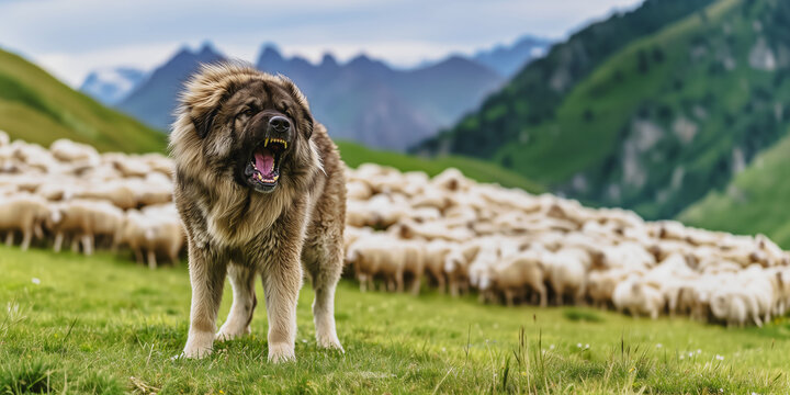 Caucasian Shepherd Dog in a dominant guard posture in a meadow in the Caucasus Mountains, actively barking to protect a large flock of sheep, a poster for International Dog Day