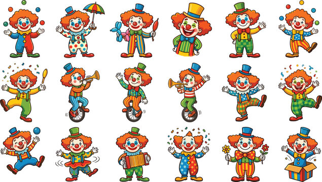 Funny Circus Clown Cartoon Character Collection with Colorful Costumes Juggling Dancing and Musical Performance Vector Illustration Set