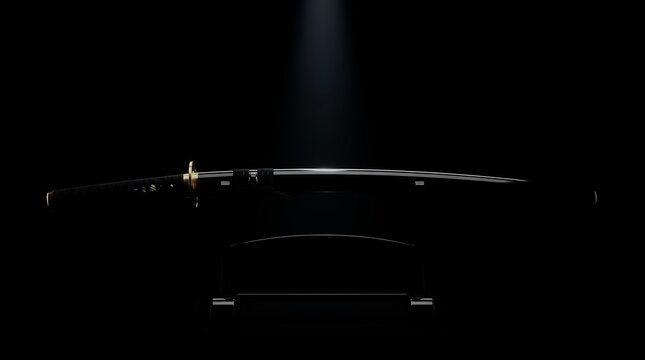 Black Katana with Gold Tsuba on Stand &mdash; Dark Luxury Samurai Concept