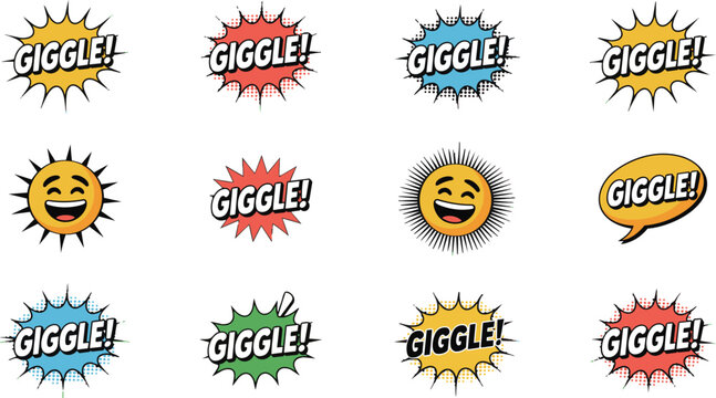 Set of colorful cartoon comic speech bubbles containing word giggle expressed in expressive typography design elements for comic strips and graphic art projects.