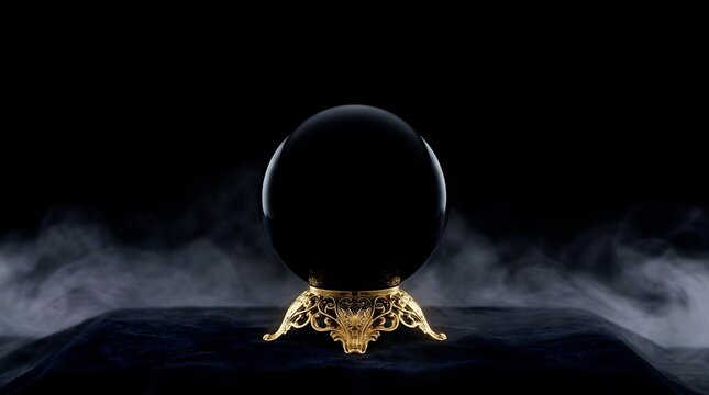 Black Opaque Obsidian Crystal Ball on Gold Stand &mdash; Dark Luxury Divination