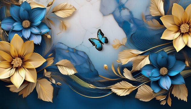 3d wallpaper blue flowers with yellow leaves and butterflies on blue marble background generative ai