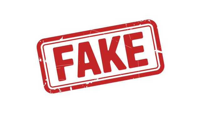 Red distressed rubber stamp with word fake printed across it against transparent background.