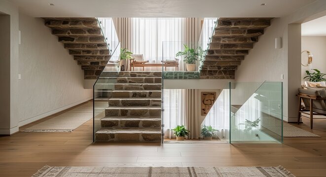 Modern Interior with Rough-Hewn Stone Staircase and Glass Railings Bathed in Natural Light