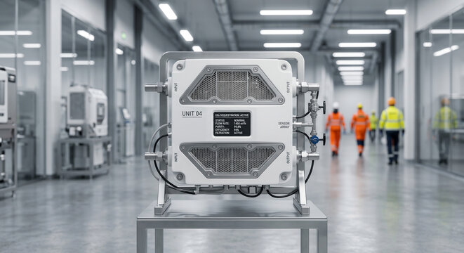 Industrial carbon sequestration unit for co2 filtration system in modern clean energy manufacturing facility hall.