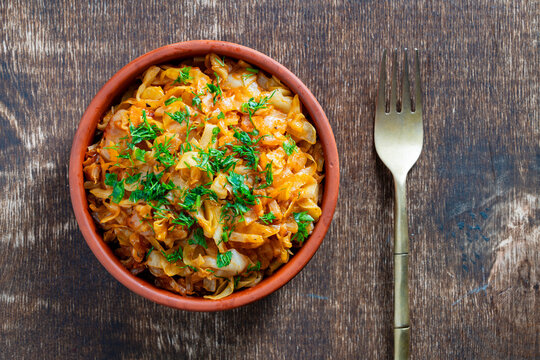 Traditional stewed cabbage with carrots garnished with fresh dill in ceramic bowl on a dark wooden background. Healthy vegetarian meal