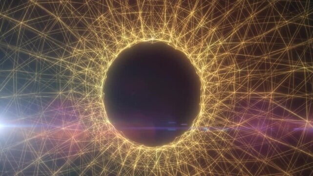 Abstract golden wireframe network forming a glowing circular portal with dark copy space, ideal for fintech, blockchain, and data concepts.