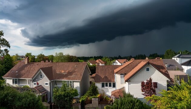 storm clouds form over the houses