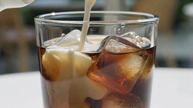 summer iced coffee cream glass ice cubes beverage refreshment lifestyle milk swirling into cold coffee creates cooling cafe mood for brunch menus warm weather drinks and seasonal lifestyle advertising