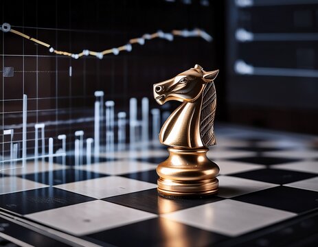 metallic knight chess piece on financial data chessboard symbolizing strategy