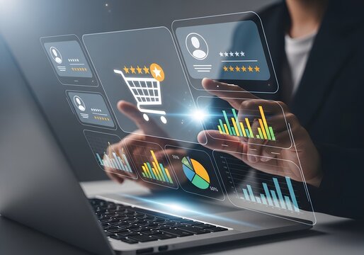 Person using laptop to view analytics and customer feedback rating interface with shopping cart and graphical charts for business performance monitoring and marketing strategy development