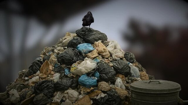 Raven perched on a pile of garbage