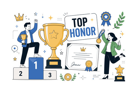 Award Recognition Success. Clean editorial banner scene about awards, recognition, and achievement milestones, with 2 geometric characters celebrating a win on a podium, oversized trophy cup and