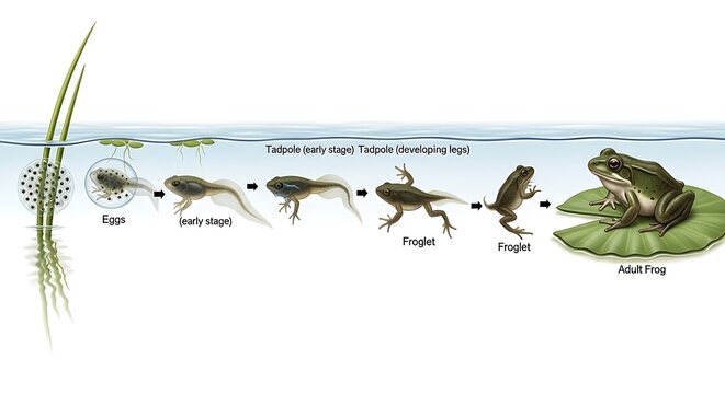 Complete life cycle of a frog from eggs to adult in water
