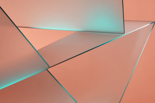 Geometric glass panels intersect at sharp angles against warm peach backdrop with cool cyan light bleeding through edges