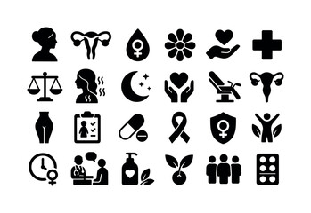 Fototapeta premium Menopause Health Support. Solid glyph icon set of menopause women health and wellness: mature woman, uterus, hormone drop, wellness flower, support hand, medical cross, balance scale, hot flash