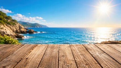 Fototapeta premium Empty wooden table top with blurred ocean and sunny sky background