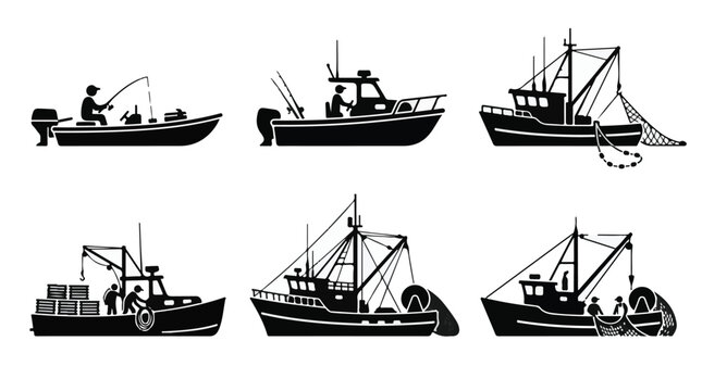 Collection of fishing boats and vessels in various activities on water