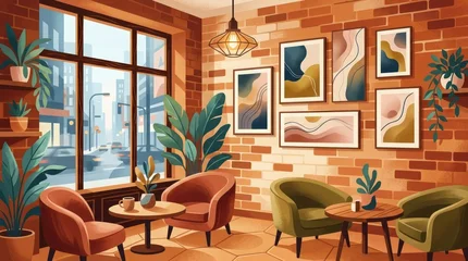 Cozy Cafe Interior with Art and Plants Interior Design Furniture Art Plants Cozy Modern. Concept featuring interior, design, furniture, art, plants for professional commercial design. © Oleksandr