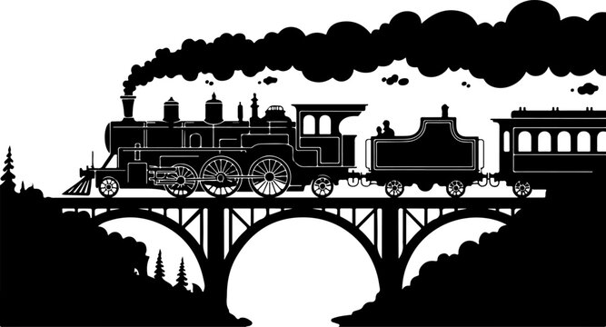 Vintage Steam Train Crossing Stone Bridge with Smoke &ndash; Retro Railway Black and White Silhouette Illustration