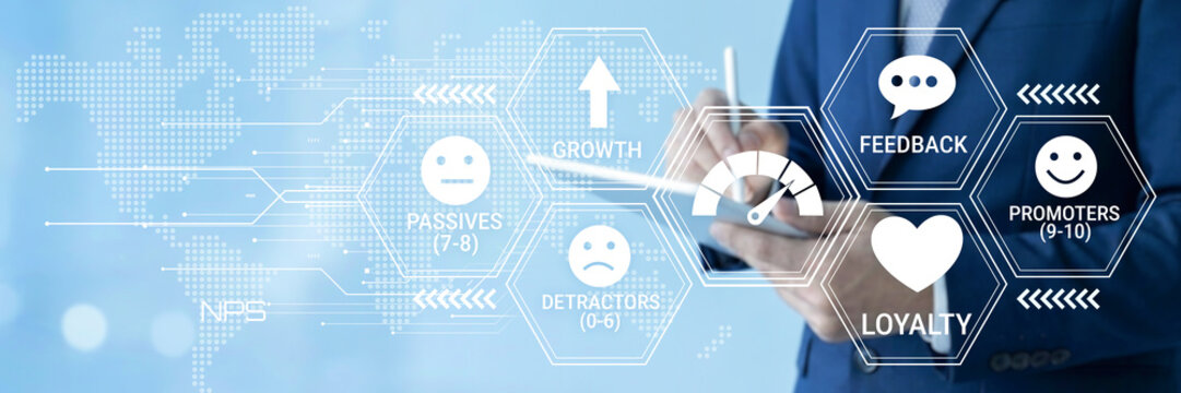 Business professional analyzing customer feedback metrics for growth loyalty and satisfaction improvement using digital interface