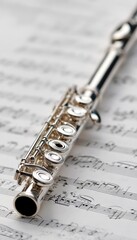 Fototapeta premium A clean, isolated shot of a silver flute resting on a sheet of music, white background, high-key lighting