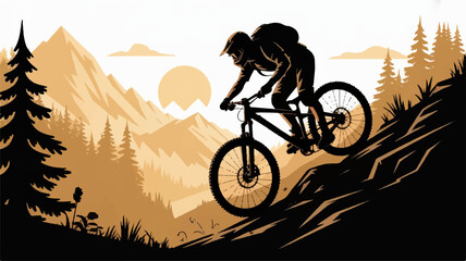 Mountain Biker Silhouette Riding Downhill with Forest and Mountain Sunset Background Vector © Tubaart70
